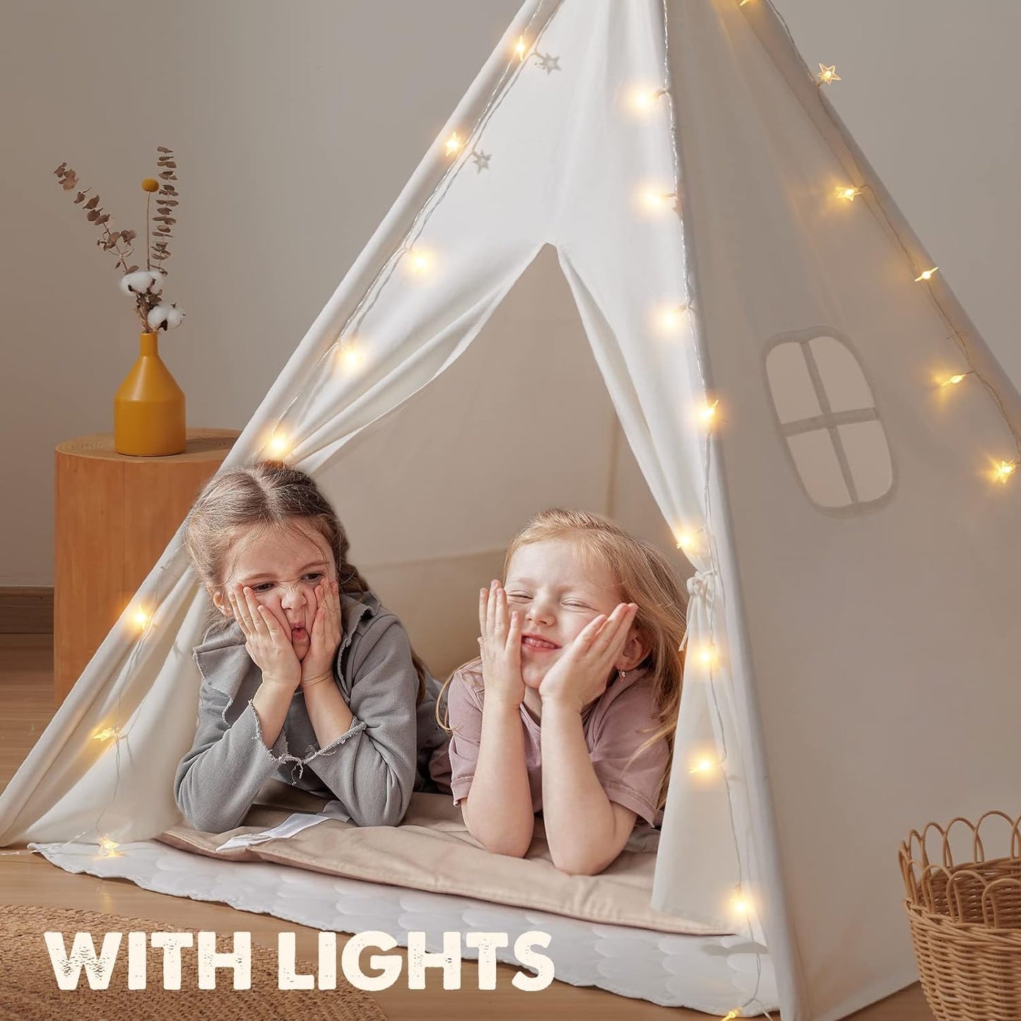 Teepee Tent with Padded Mat, Light String & Carry Case - Kids Foldable Play Tent for Indoor Outdoor, Raw White Canvas - Playhouse - Portable