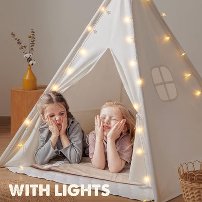 Teepee Tent with Padded Mat, Light String & Carry Case - Kids Foldable Play Tent for Indoor Outdoor, Raw White Canvas - Playhouse - Portable