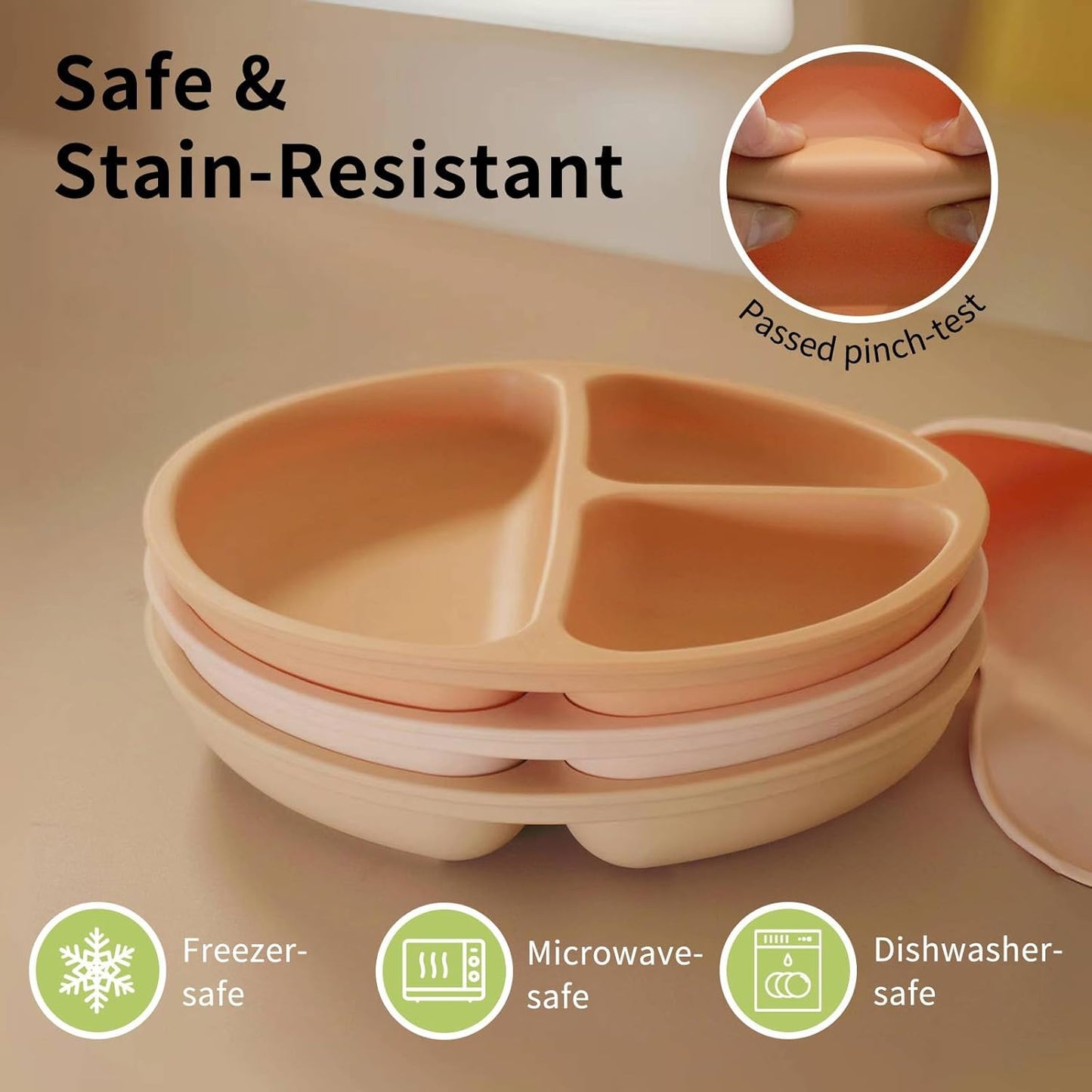 Baby Suction Plate Set of 3 - Non Slip Baby Plate, Divided Plates for Toddlers and Kids Childrens, Bpa-Free Unbreakable Plates (Royal Blue/Cream/Army Green)