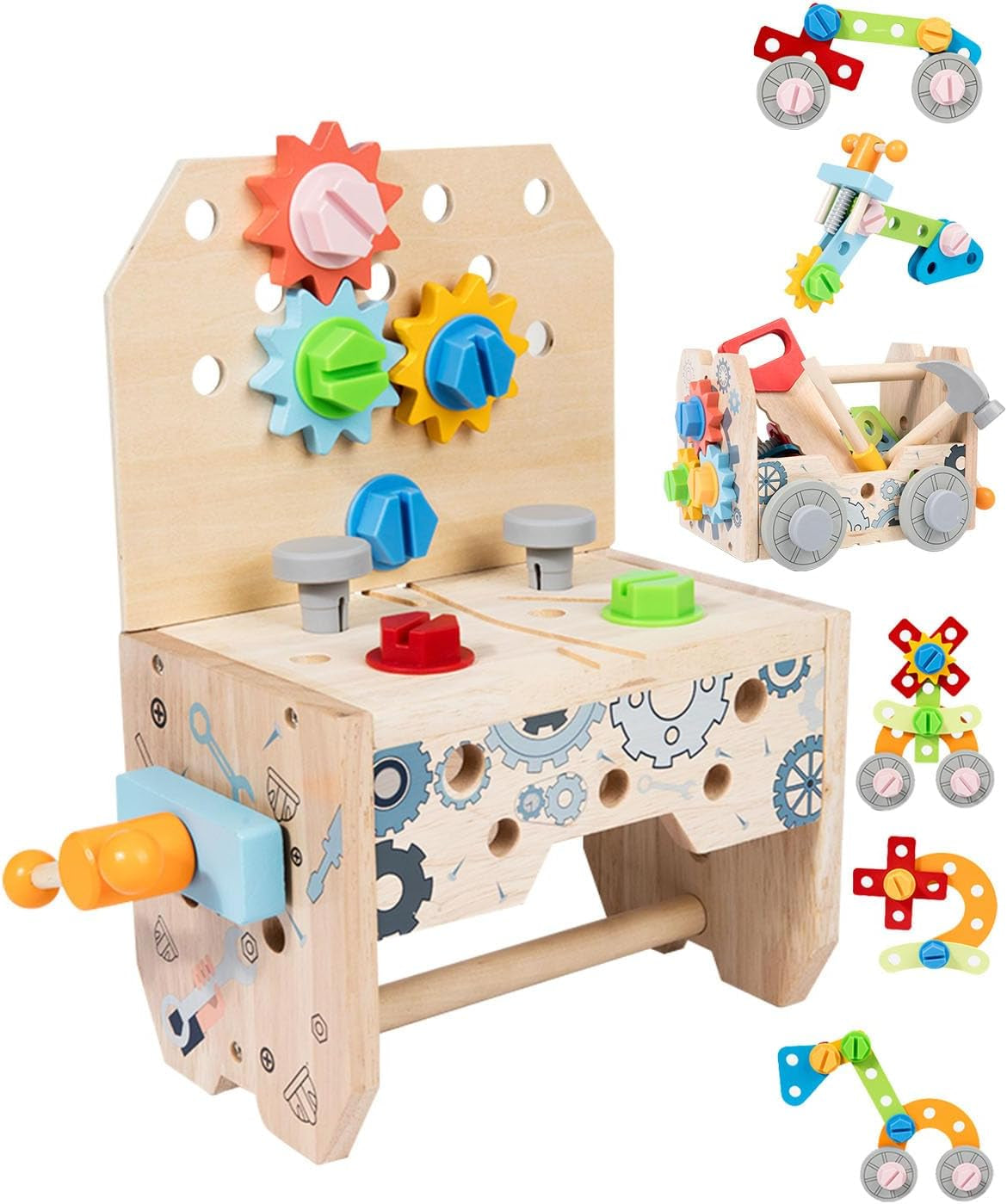 3-In-1 Design Wooden Tool Set Toys for Kids, Gifts for 2+ Year Old Boy Toys, 50 Pcs Accessories, Toddler Educational Construction Bench Set Toy for 2-6 Year Old Boys & Girls, Ideal