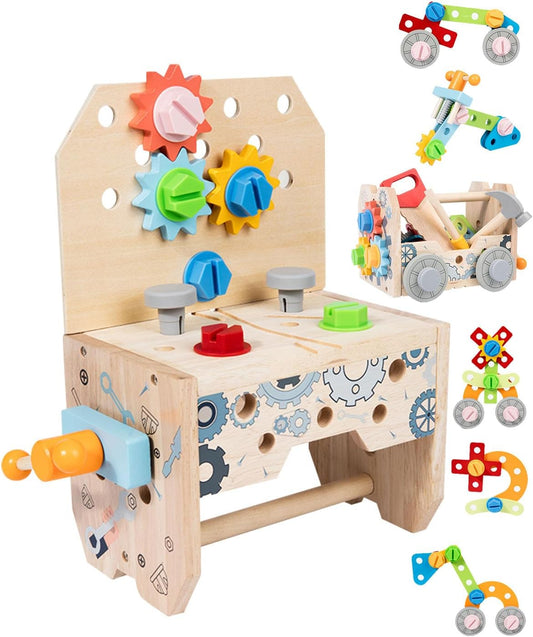 3-In-1 Design Wooden Tool Set Toys for Kids, Gifts for 2+ Year Old Boy Toys, 50 Pcs Accessories, Toddler Educational Construction Bench Set Toy for 2-6 Year Old Boys & Girls, Ideal