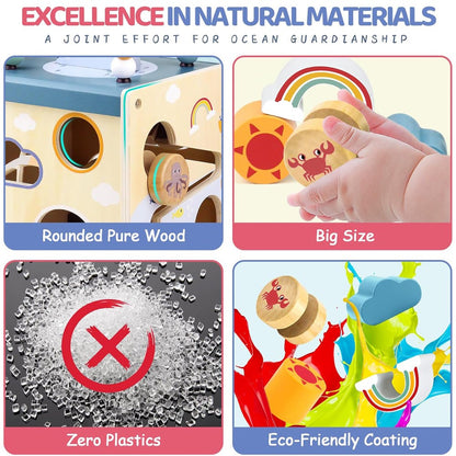 Activity Cube Baby Toys - Wooden Toys for 1 2 3 Year Old Boys and Girls - Table