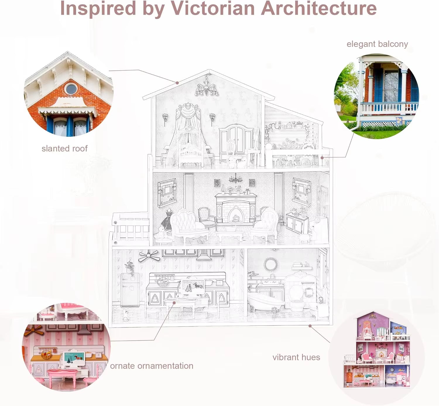 Robud Victoria Wooden Dollhouse Furniture Preschool Dollhouse House Toy for Girls 3+