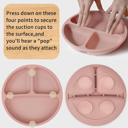 Baby Suction Plate Set of 3 - Non Slip Baby Plate, Divided Plates for Toddlers and Kids Childrens, Bpa-Free Unbreakable Plates (Light Pink/Cream/Khaki)