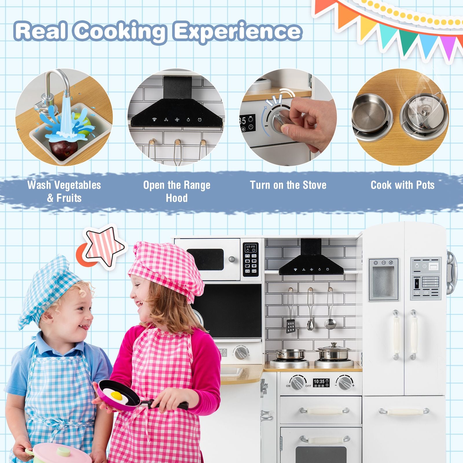 Kid'S Corner Kitchen Playset Wooden Play Kitchen with Range Hood