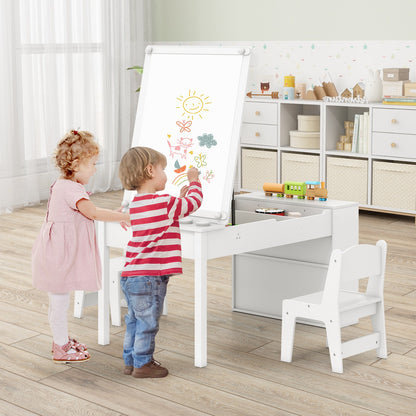 COSTWAY 2-In-1 Kids Art Table and Easel Set Wooden Drawing Desk W/Chairs-White
