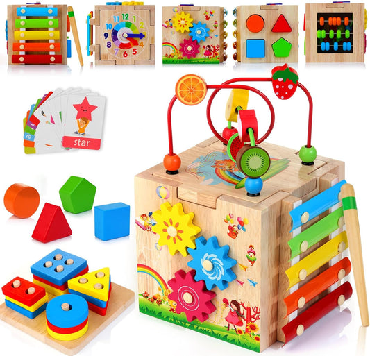 Wooden Activity Cube Baby Toys, 8-In-1 Montessori Educational Toy Set, Bead Maze Shape Sorter Abacus Xylophone Words & Clock Learning, STEM Toys for Boys Girls Toys for 1 2 3 Years Old