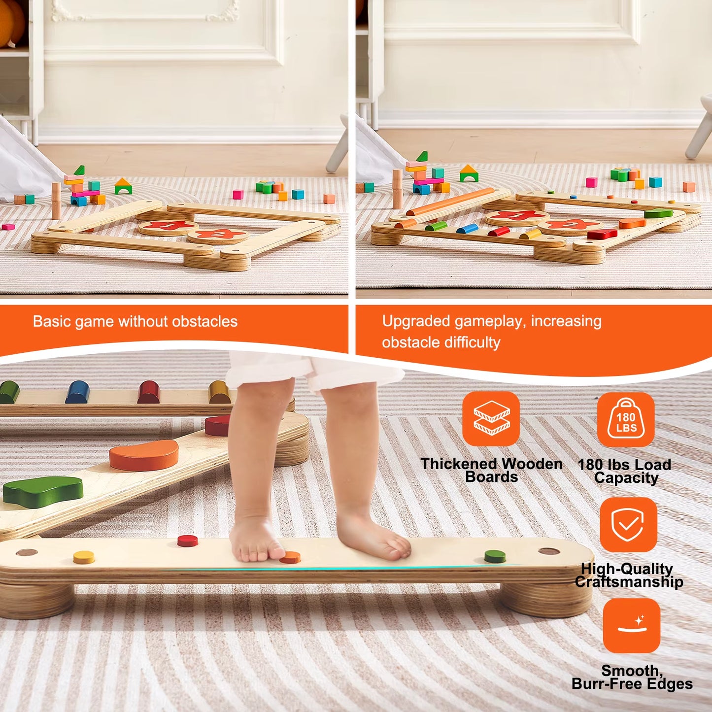 Succebuy 6 PCS Balance Beam Stepping Stones Indoor Outdoor Wooden Toddler Balance Boards for Kids 2-6 Children Montessori Toy
