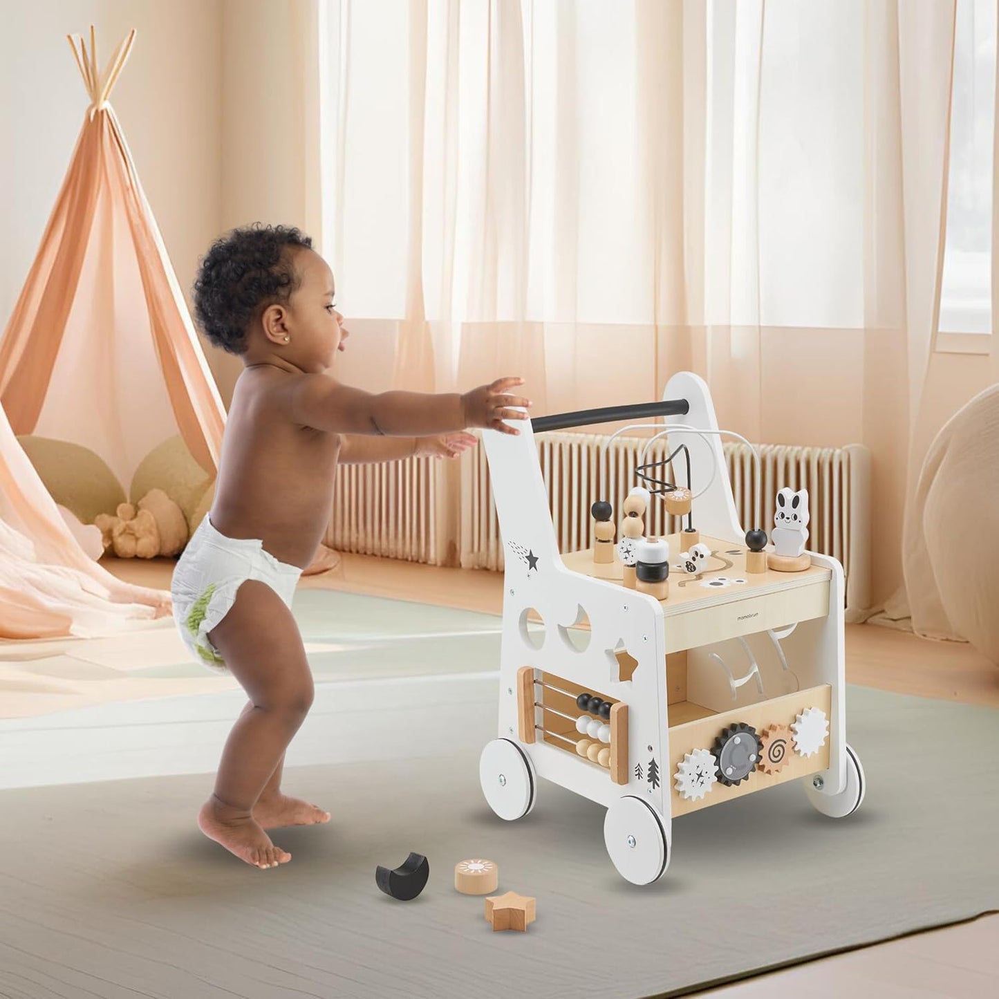 Wooden Baby Walker with Wheels 6-In-1 - Push along Toy 12+ Months - Baby Activity Centre Walker with Shape Sorter, Bead Mazes, Abacus and Gears and Stacking Blocks