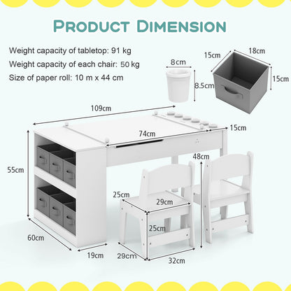COSTWAY 2-In-1 Kids Art Table and Easel Set Wooden Drawing Desk W/Chairs-White