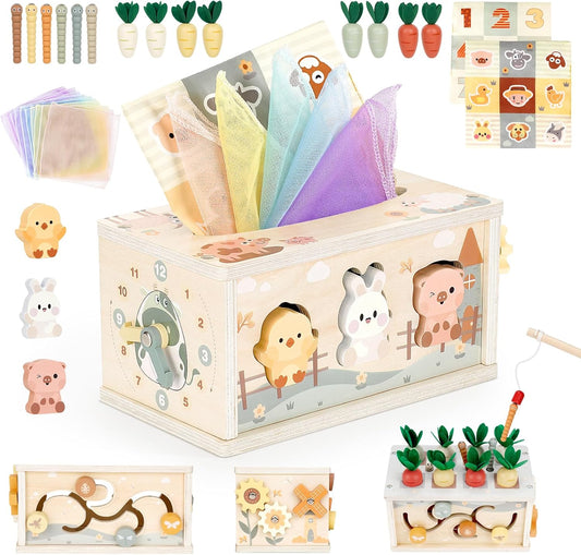 Montessori Toys for 1 Year Old, 6 in 1 Baby Tissue Box Toy Wooden Activity Cube, Shape Sorter Sensory Toys for Babies 12 Months, 1St Birthday Gifts for Girls Boys