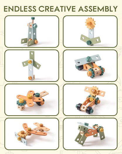 Toddler Pretend Play Kids Workbench Wooden Toy with Tool Belt Goggles Accessories for Creative Assembly Suitable for Age 3