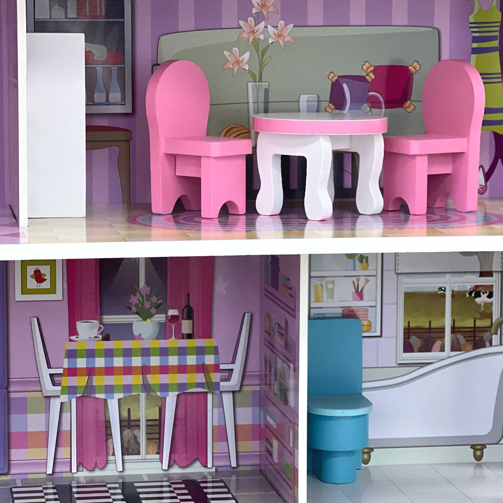 Childrens Kids Wooden Dolls House Playset with 9Pcs Furniture and Accessories