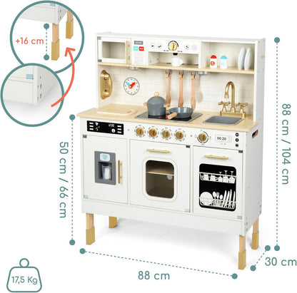 Wooden Play Kitchen, Children'S Play Kitchens & Toddler Set, Playset for Kids 3+ with LED Lights, Interactive Toy with Microwave, Dishwasher, Coffee Machine, Oven, Sink & Accessories