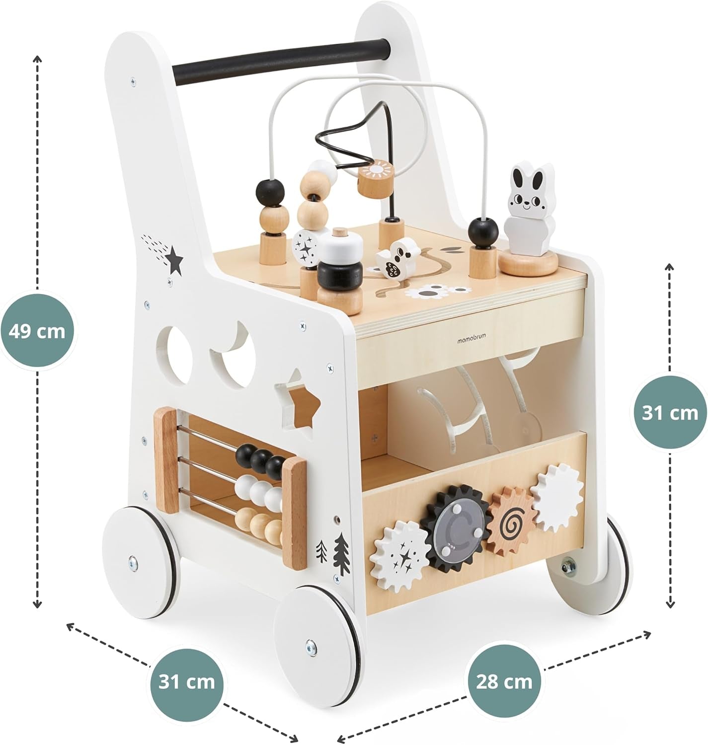 Wooden Baby Walker with Wheels 6-In-1 - Push along Toy 12+ Months - Baby Activity Centre Walker with Shape Sorter, Bead Mazes, Abacus and Gears and Stacking Blocks