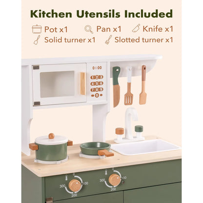 Robud Kids Kitchen Play Set with Ice Maker Pretend Playset Wooden Toy for Kids Age 3+ Vintage Green for Toddler