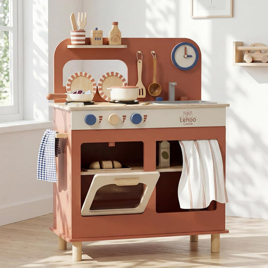 Toy Kitchen, Wooden Play Kitchen for 3 Year Old, Kitchen Set for Kids, Play Pots and Pans Sets, Role Play Toys, 3 Year Old Girl Boys Gifts