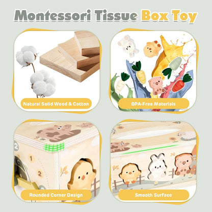 Montessori Toys for 1 Year Old, 6 in 1 Baby Tissue Box Toy Wooden Activity Cube, Shape Sorter Sensory Toys for Babies 12 Months, 1St Birthday Gifts for Girls Boys
