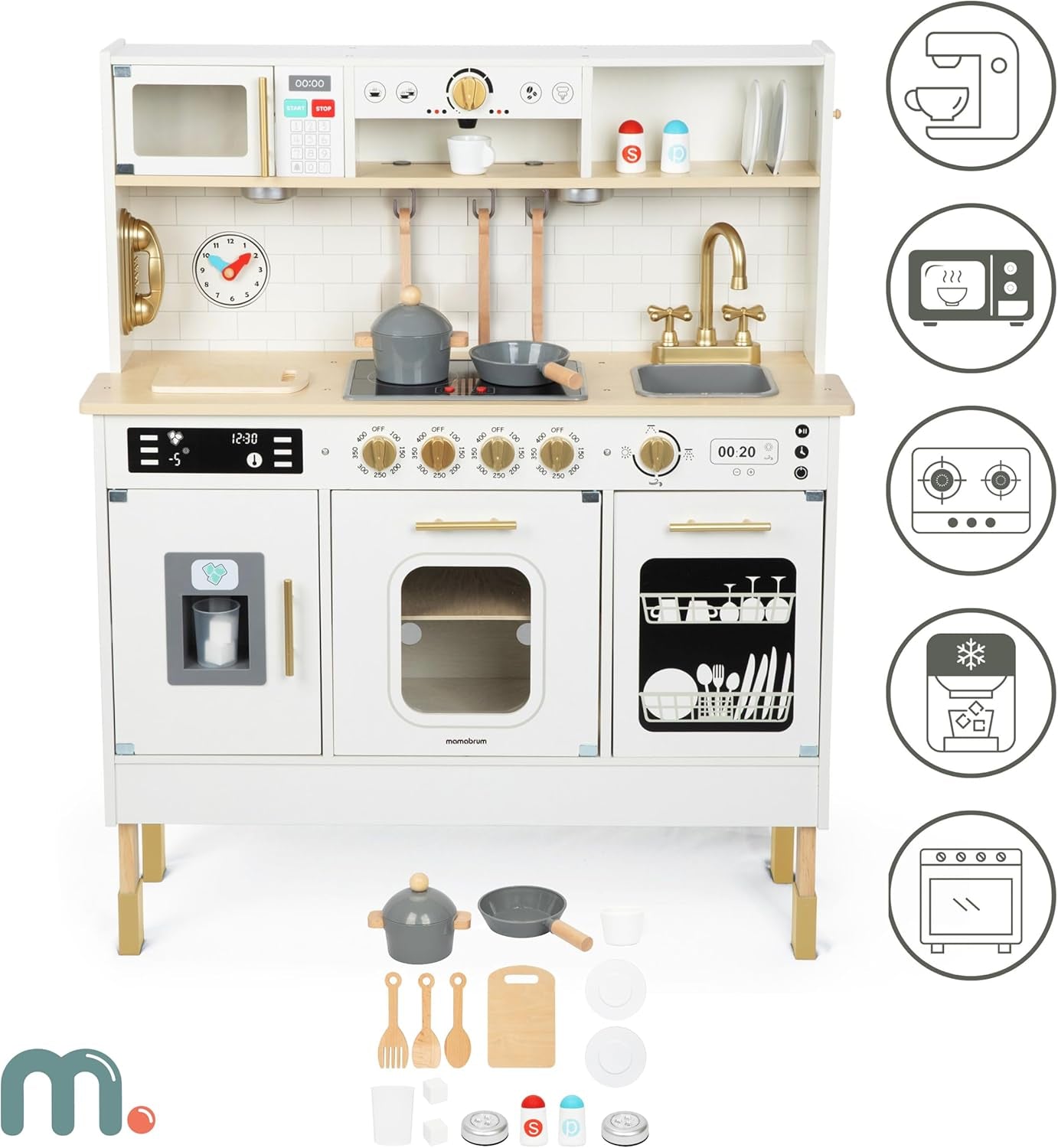 Wooden Play Kitchen, Children'S Play Kitchens & Toddler Set, Playset for Kids 3+ with LED Lights, Interactive Toy with Microwave, Dishwasher, Coffee Machine, Oven, Sink & Accessories
