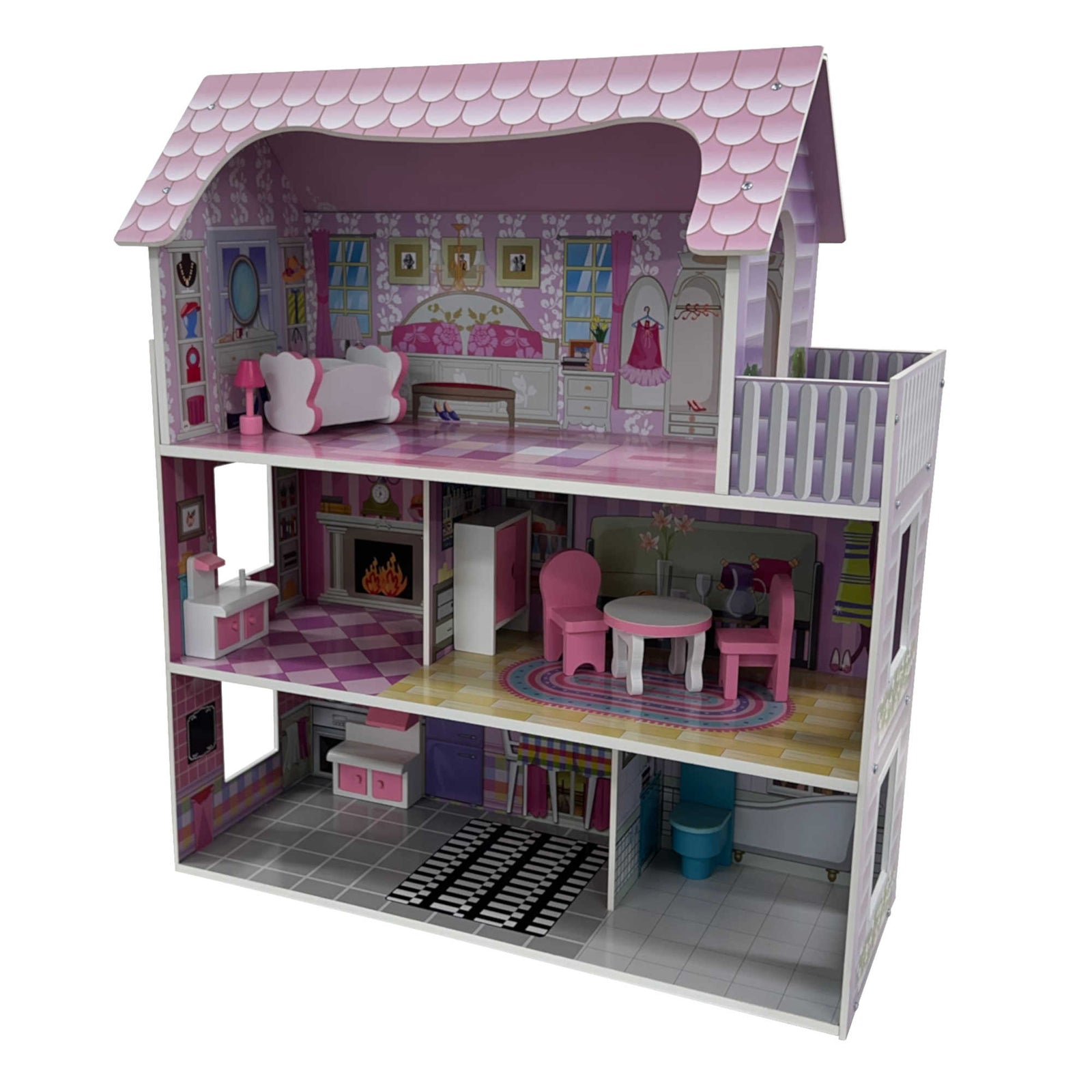 Childrens Kids Wooden Dolls House Playset with 9Pcs Furniture and Accessories