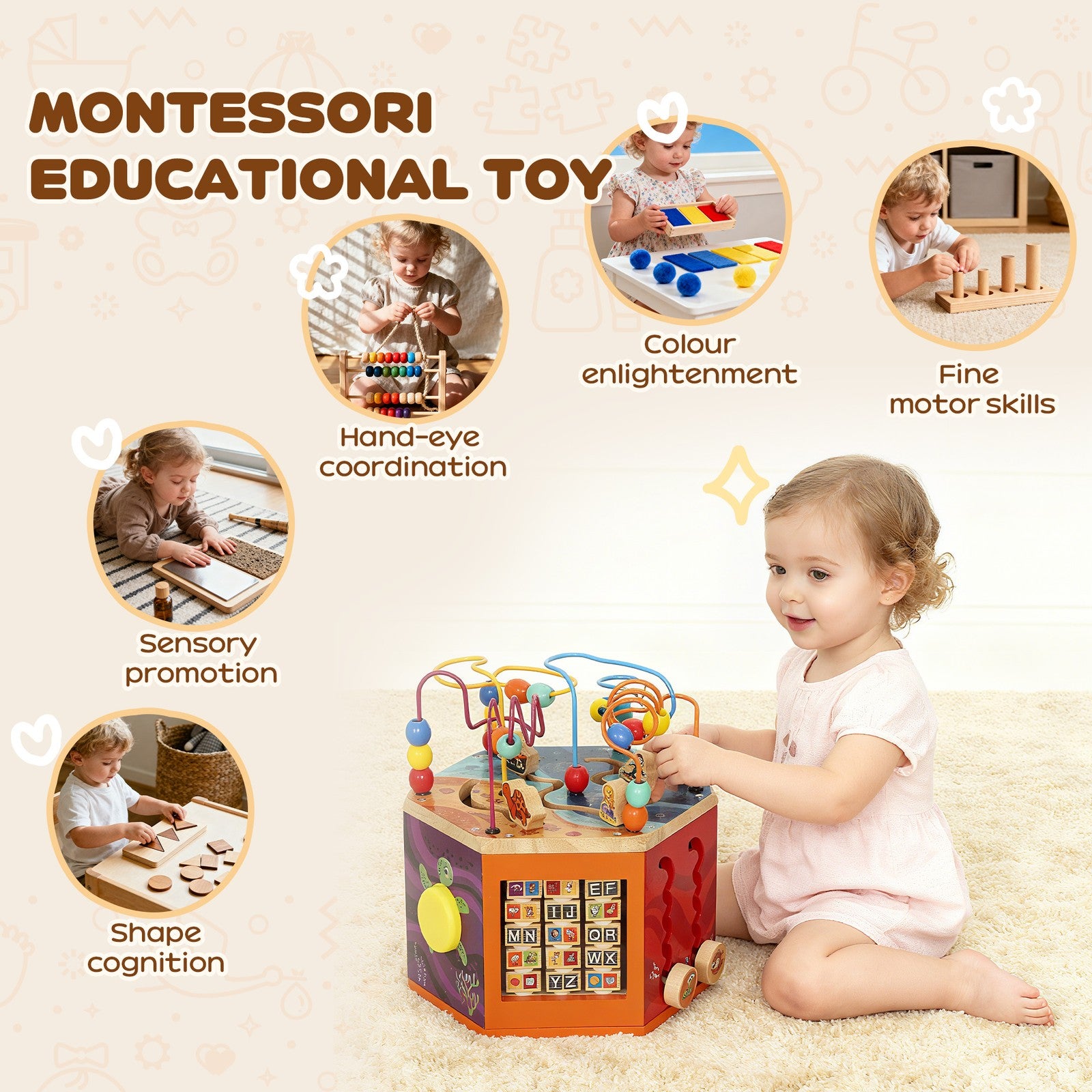 AIYAPLAY Wooden Activity Cube for Toddlers 18+ Months with Bead Maze