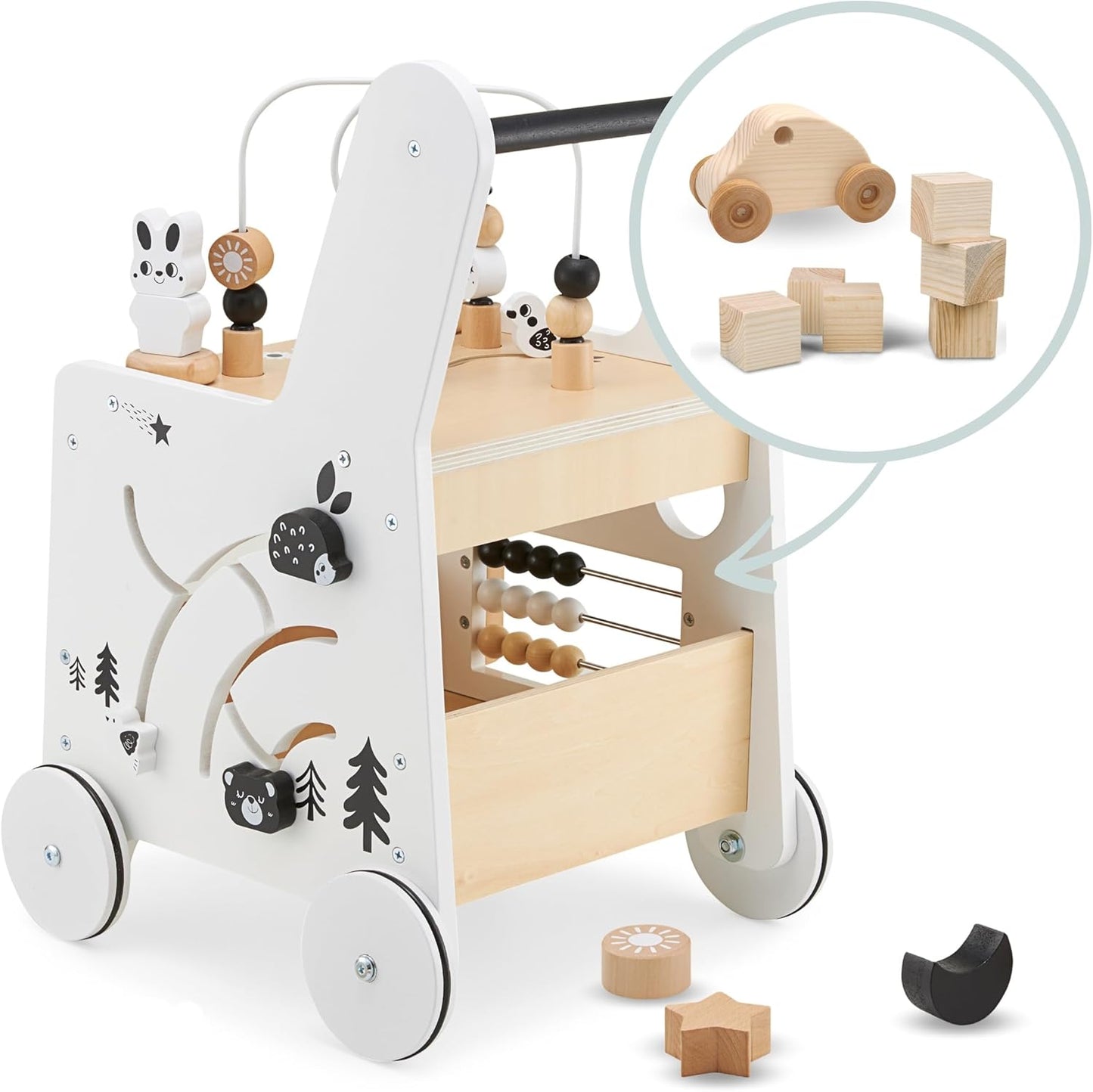 Wooden Baby Walker with Wheels 6-In-1 - Push along Toy 12+ Months - Baby Activity Centre Walker with Shape Sorter, Bead Mazes, Abacus and Gears and Stacking Blocks