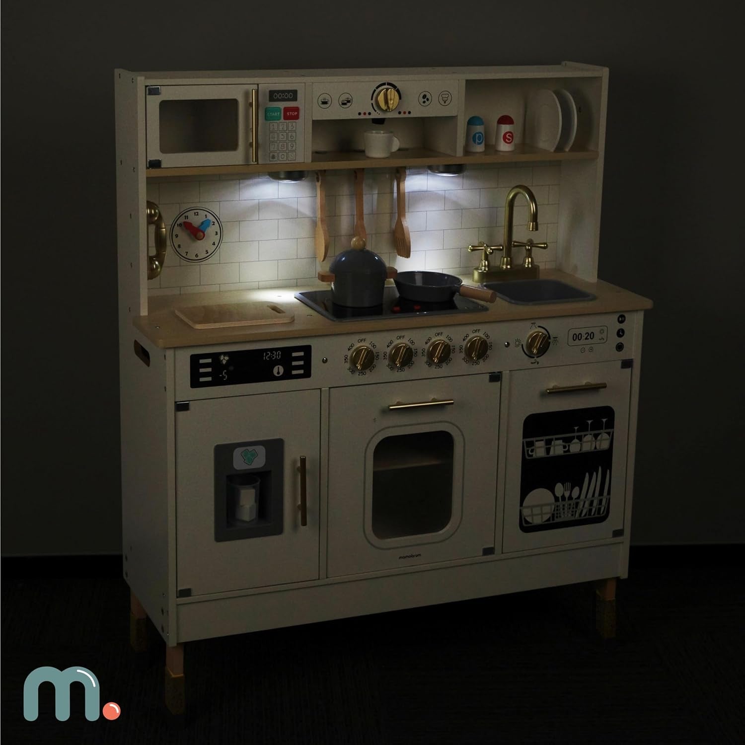 Wooden Play Kitchen, Children'S Play Kitchens & Toddler Set, Playset for Kids 3+ with LED Lights, Interactive Toy with Microwave, Dishwasher, Coffee Machine, Oven, Sink & Accessories