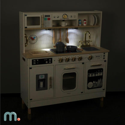 Wooden Play Kitchen, Children'S Play Kitchens & Toddler Set, Playset for Kids 3+ with LED Lights, Interactive Toy with Microwave, Dishwasher, Coffee Machine, Oven, Sink & Accessories