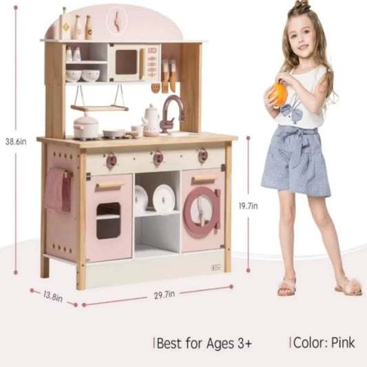 Robud Kids Corner Kitchen Playset Wooden Play Kitchen Set with Realistic Sound Pretend Play Gift for Boys Girls Pink