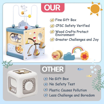 Wooden Activity Cube Baby Toys for 1 Year Old, 1St Birthday Gifts for Girls and Boys, 12+ Months Montessori Toys with Bead Maze Shape Sorter Educational Sensory Toys for Kids Age 1 2 3
