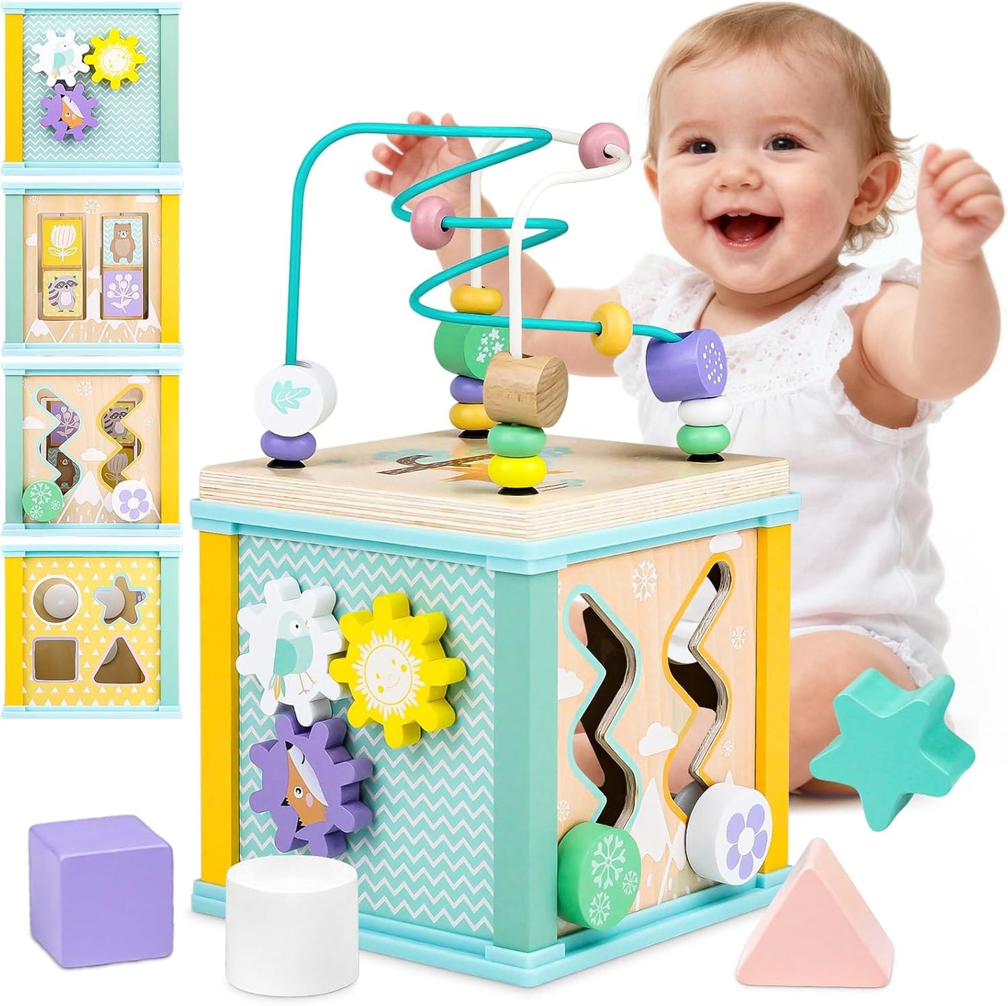 Wooden Activity Cube Toys, Baby Toys for 1 Year Old, 1St Birthday Gifts for Boys Girl Toddlers, Bead Maze Shape Sorter Sensory Toys, Montessori Educational Learning Presents for Kids Age 1 2 3