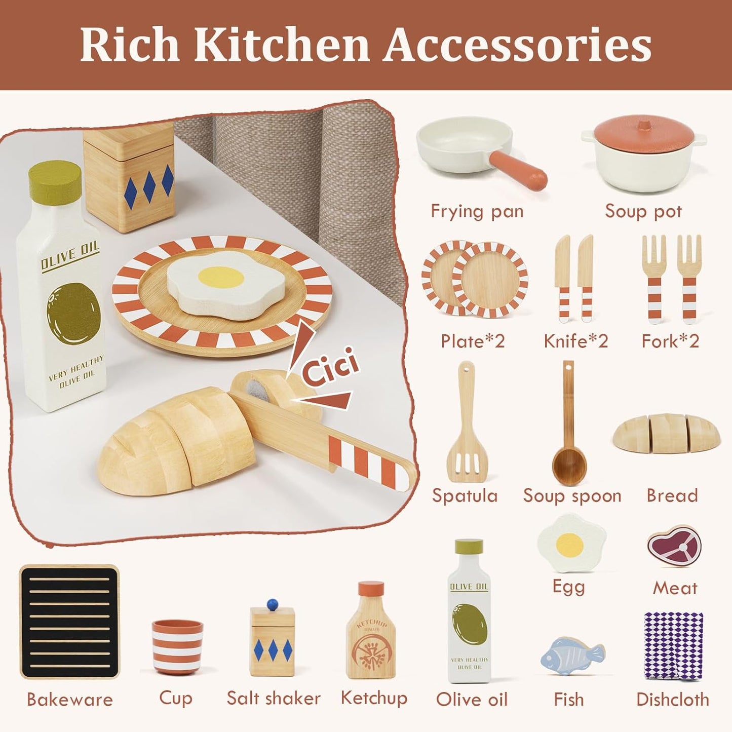 Toy Kitchen, Wooden Play Kitchen for 3 Year Old, Kitchen Set for Kids, Play Pots and Pans Sets, Role Play Toys, 3 Year Old Girl Boys Gifts