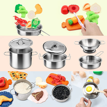 37Items 59Pcs Kids Pretend Play Kitchen Accessories Set, Stainless Steel Play Pots and Pans Sets for Kids, Cooking Utensils, Play Food Pizza Knife Kitchen Playset Toys Gift for Boys Girls Toddlers 3+