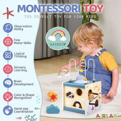 Wooden Activity Cube Baby Toys for 1 Year Old, 1St Birthday Gifts for Girls and Boys, 12+ Months Montessori Toys with Bead Maze Shape Sorter Educational Sensory Toys for Kids Age 1 2 3