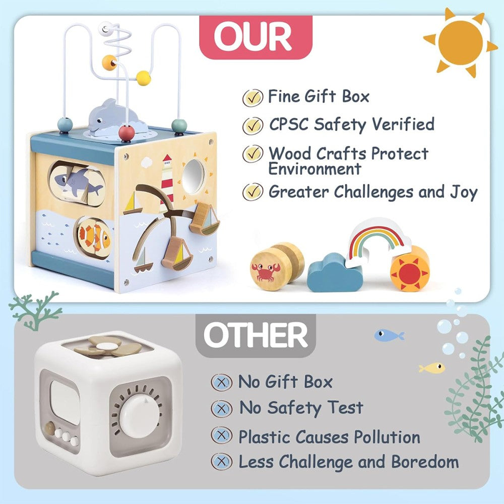 Activity Cube Baby Toys - Wooden Toys for 1 2 3 Year Old Boys and Girls - Table