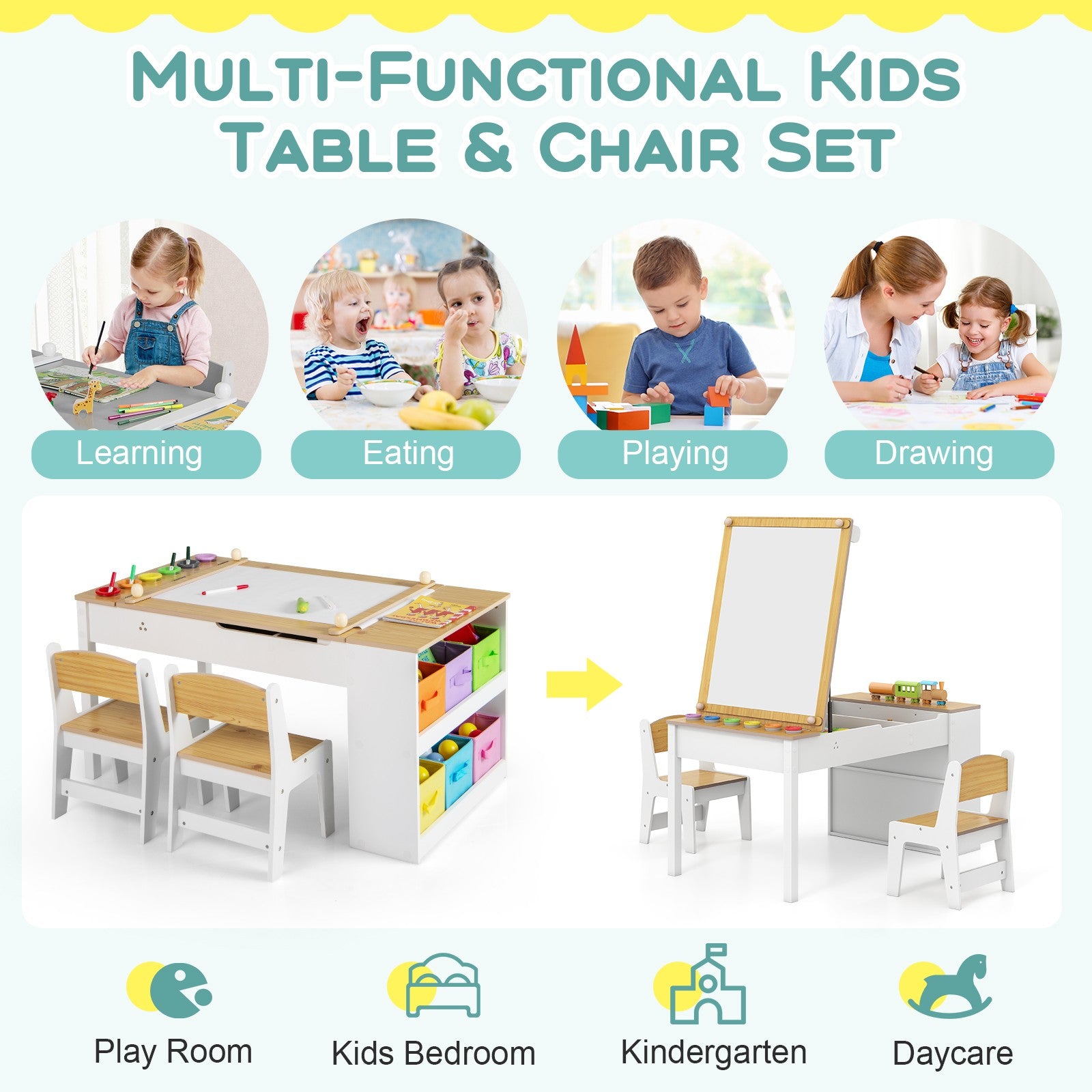 COSTWAY 2-In-1 Kids Art Table and Easel Set Wooden Drawing Desk W/Chairs-Natur