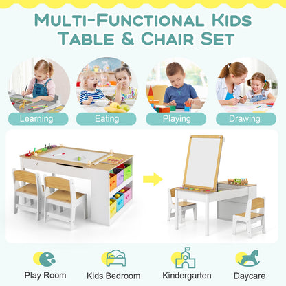 COSTWAY 2-In-1 Kids Art Table and Easel Set Wooden Drawing Desk W/Chairs-Natur