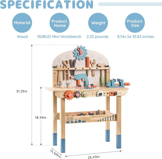 Robotime Kids Tool Bench Set Large Wooden Work Bench Construction Toys 41 Pieces Kid Toys Tool Set for Boys Girls Age 3+
