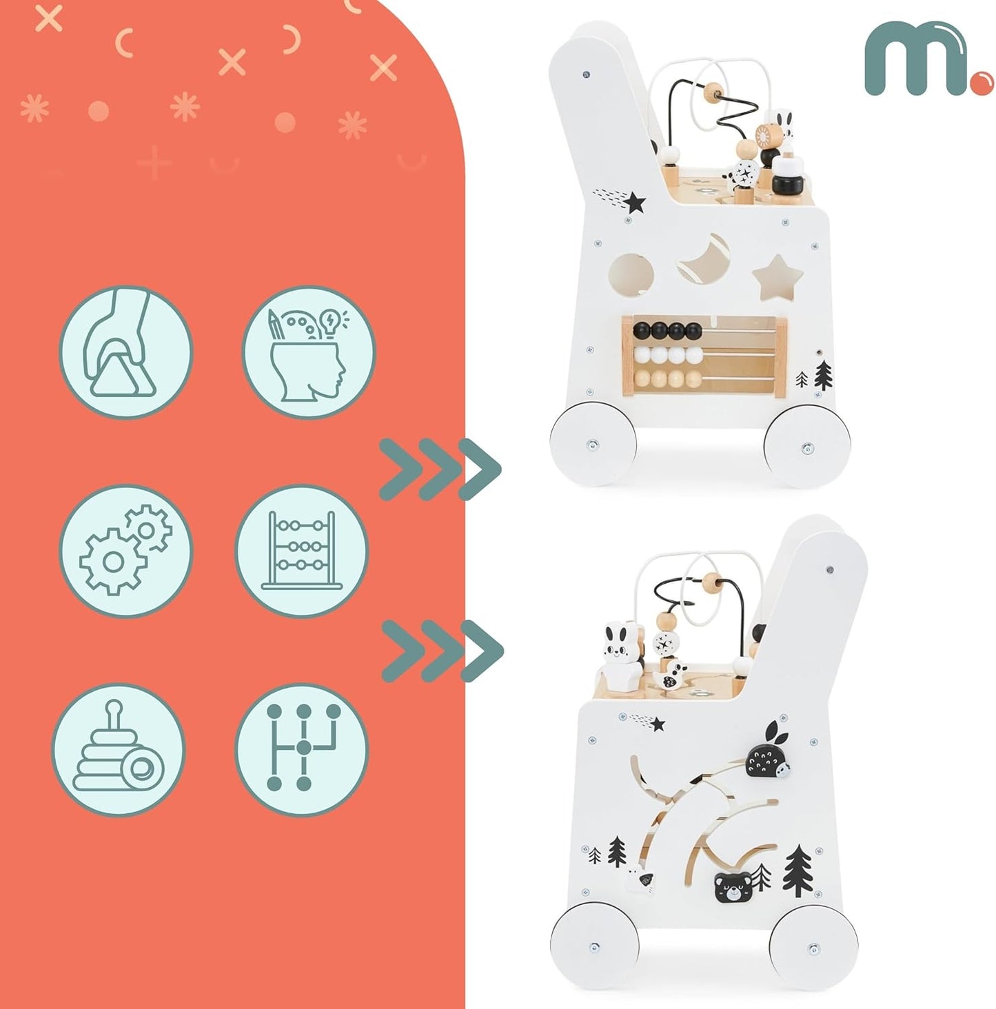 Wooden Baby Walker with Wheels 6-In-1 - Push along Toy 12+ Months - Baby Activity Centre Walker with Shape Sorter, Bead Mazes, Abacus and Gears and Stacking Blocks