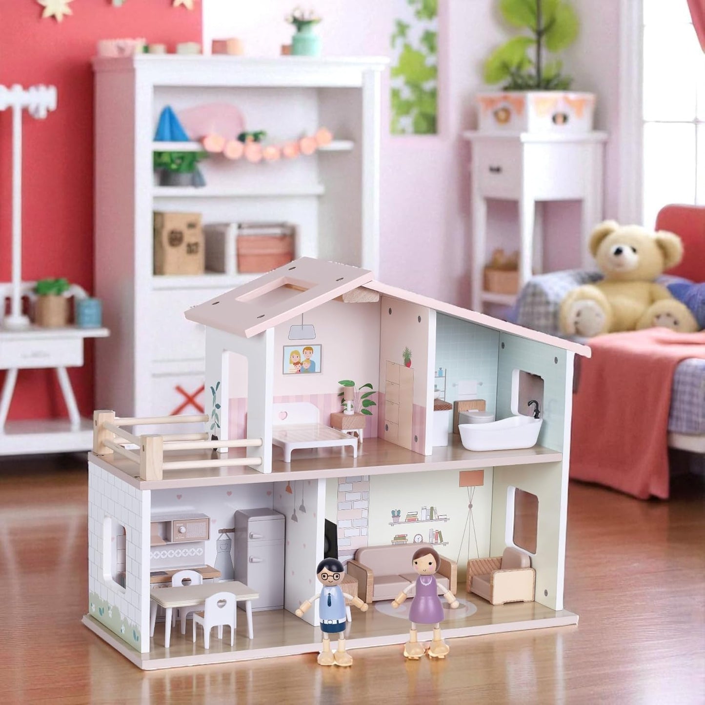Introductory Offer -  Wooden Dolls House – Modern Open Plan Dollhouse with 2 Dolls & 15 Furniture Accessories, Compact Sustainable Toy for Kids 3+
