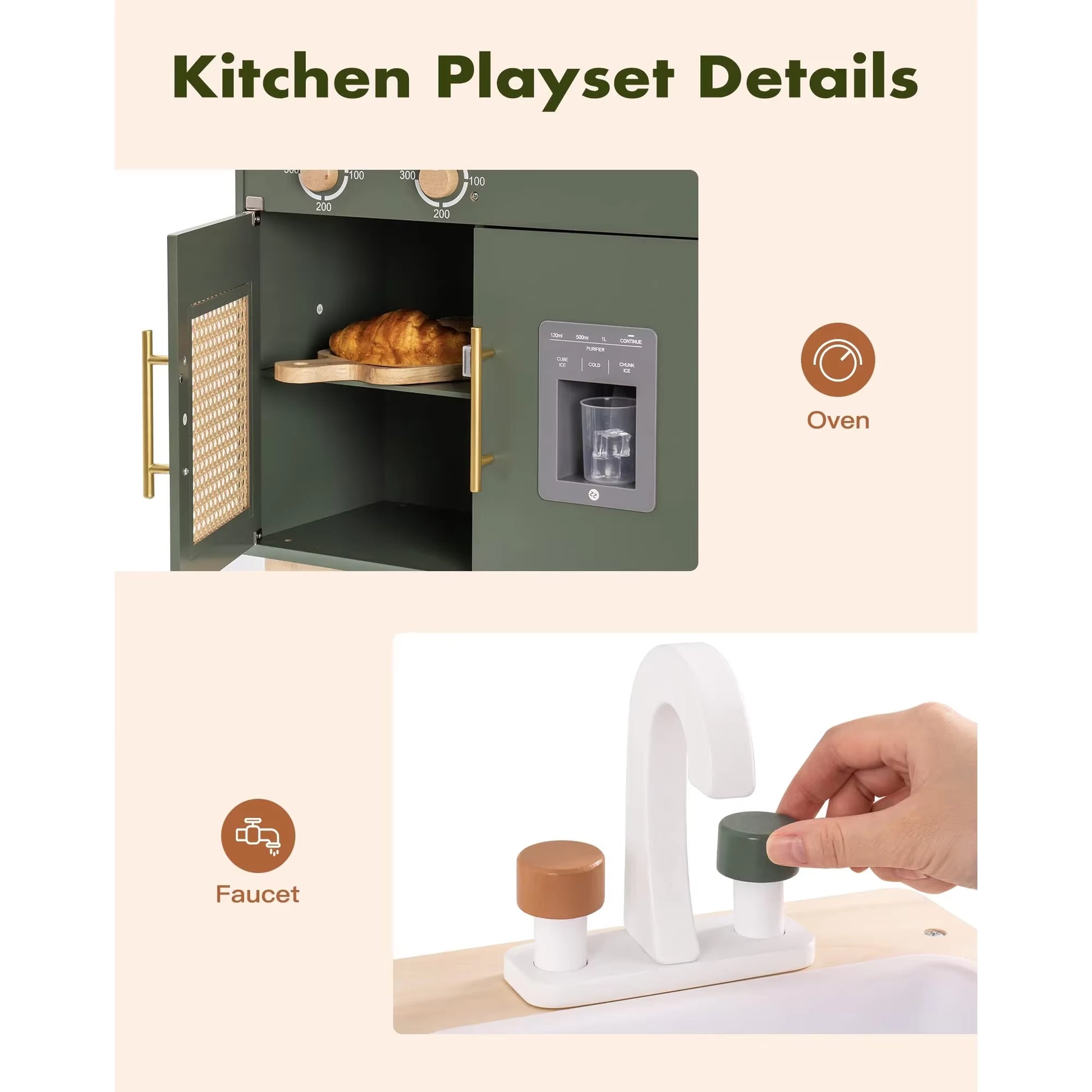 Robud Kids Kitchen Play Set with Ice Maker Pretend Playset Wooden Toy for Kids Age 3+ Vintage Green for Toddler