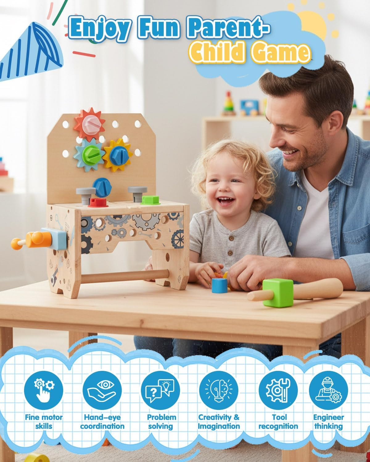 3-In-1 Design Wooden Tool Set Toys for Kids, Gifts for 2+ Year Old Boy Toys, 50 Pcs Accessories, Toddler Educational Construction Bench Set Toy for 2-6 Year Old Boys & Girls, Ideal