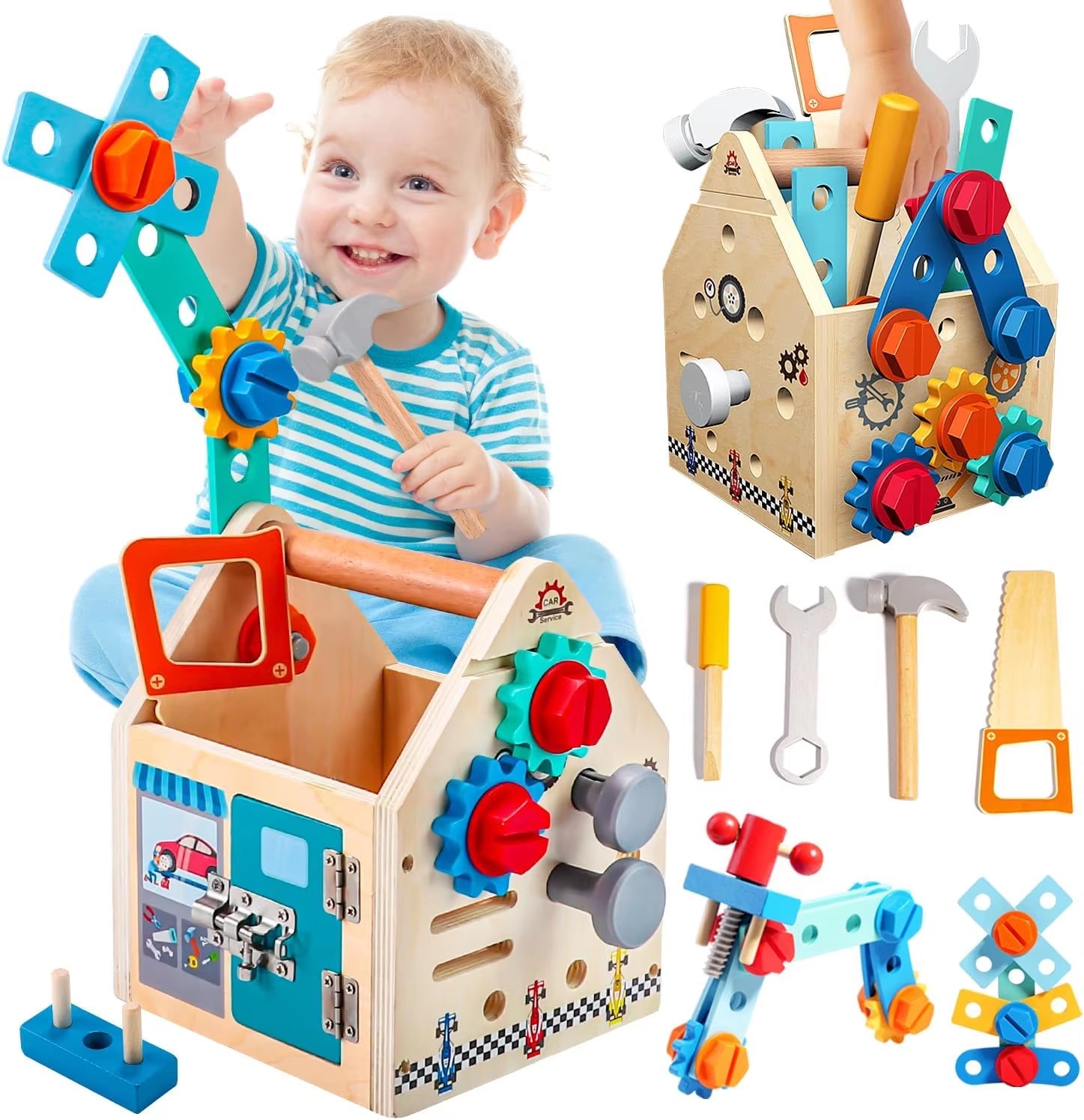 Children'S Wooden Toolbox Set Toys Simulation Maintenance Tool Repair Toys Montessori Screw Puzzle Kids Pretend Play Toys Gift