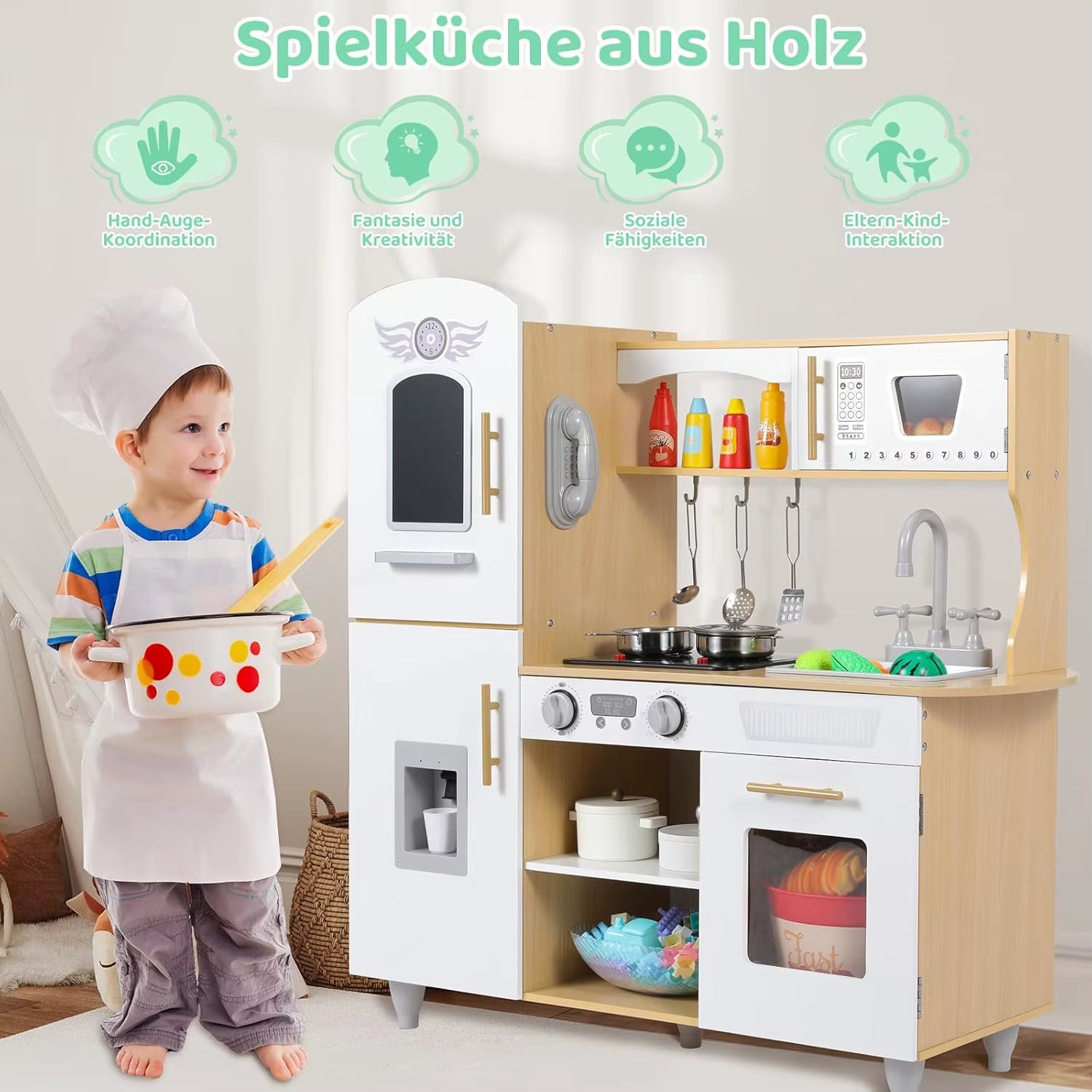 Wooden Toy Kitchen Playset with Real Lights & Sounds, Play Kitchen Set for Toddlers, Double-Door Fridge, Ice Maker & Cookware