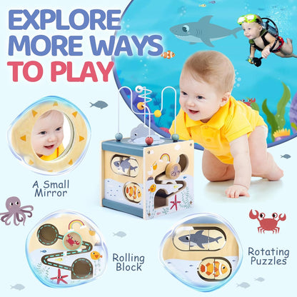 Wooden Activity Cube Toys, Baby Toys for 1 Year Old, 1St Birthday Gifts for Boys Girl Toddlers, Bead Maze Shape Sorter Sensory Toys, Montessori Educational Learning Presents for Kids Age 1 2 3