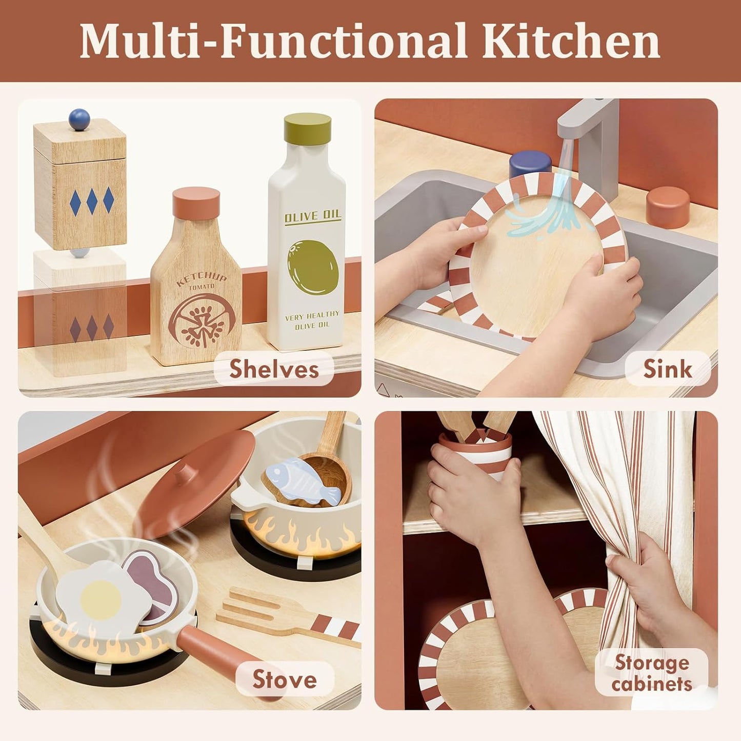 Toy Kitchen, Wooden Play Kitchen for 3 Year Old, Kitchen Set for Kids, Play Pots and Pans Sets, Role Play Toys, 3 Year Old Girl Boys Gifts