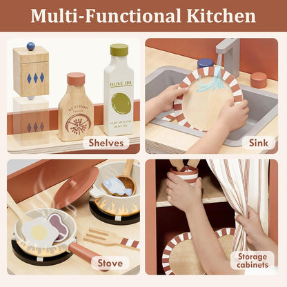 Toy Kitchen, Wooden Play Kitchen for 3 Year Old, Kitchen Set for Kids, Play Pots and Pans Sets, Role Play Toys, 3 Year Old Girl Boys Gifts