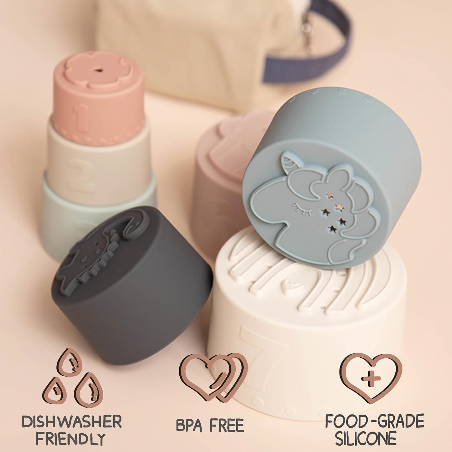 Moonkie Baby Stacking Cups Toy Silicone, Teething Toys for Baby, Early & Toys, 7