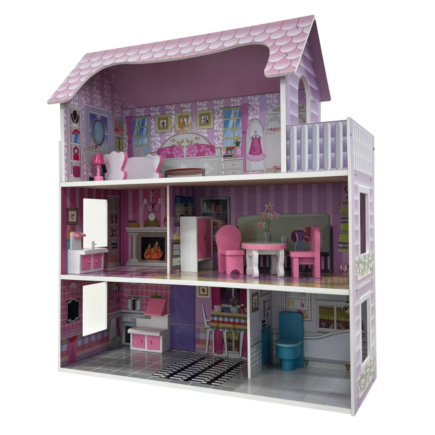 Childrens Kids Wooden Dolls House Playset with 9Pcs Furniture and Accessories