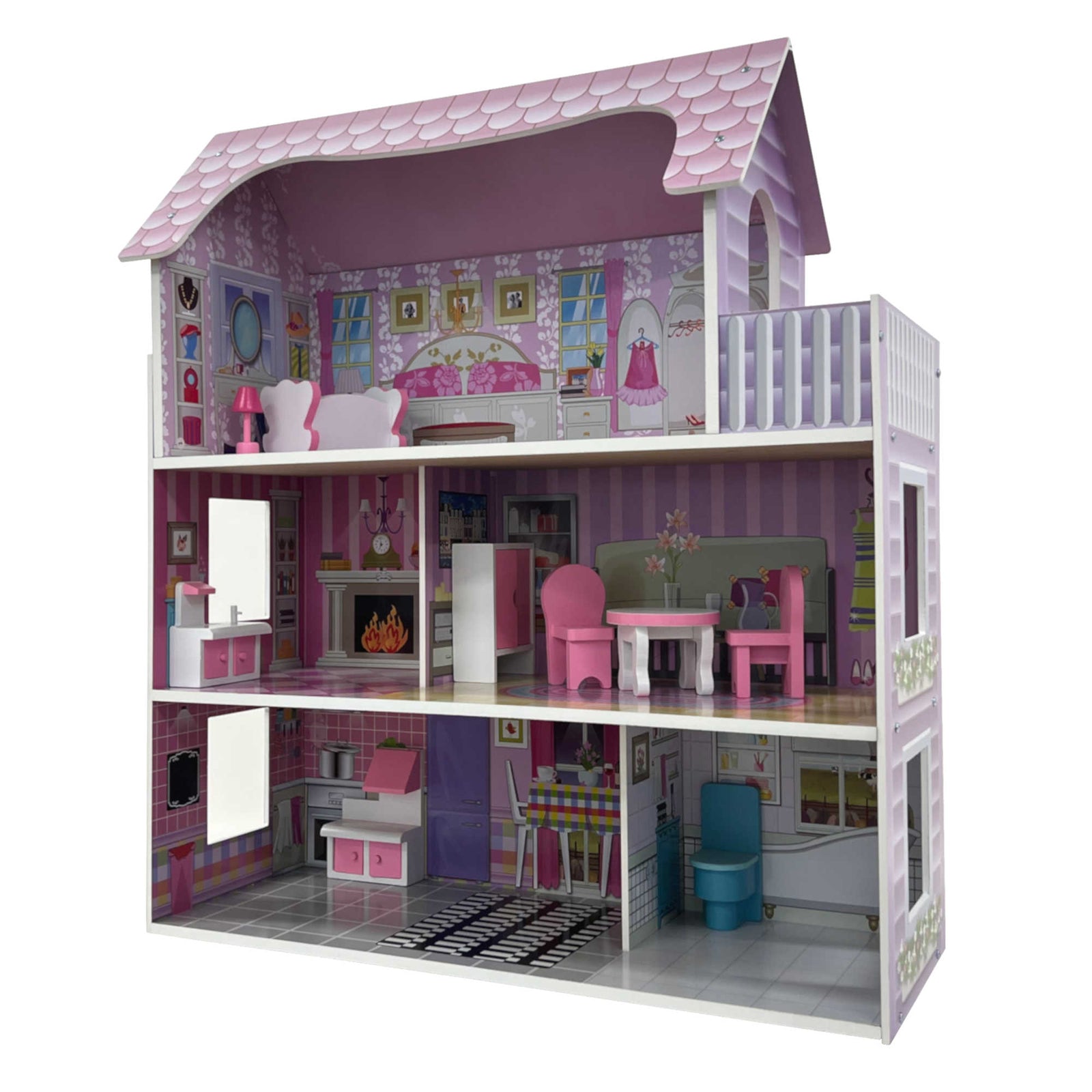 Childrens Kids Wooden Dolls House Playset with 9Pcs Furniture and Accessories